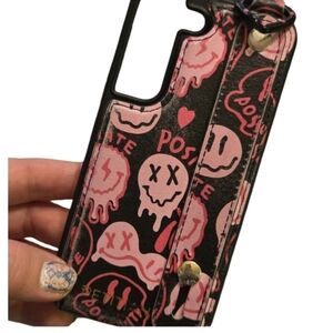 S22 Ultra Samsung Galaxy Wallet Case Pink and Black Skull
